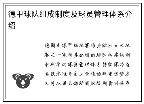 德甲球队组成制度及球员管理体系介绍